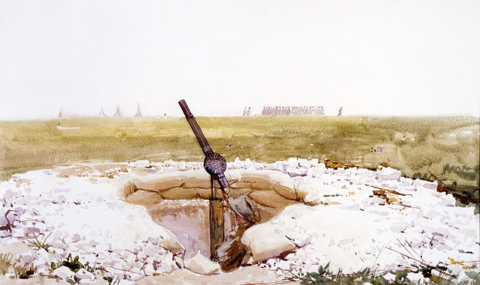 A machine gun sitting idle and unaccompanied in a trench