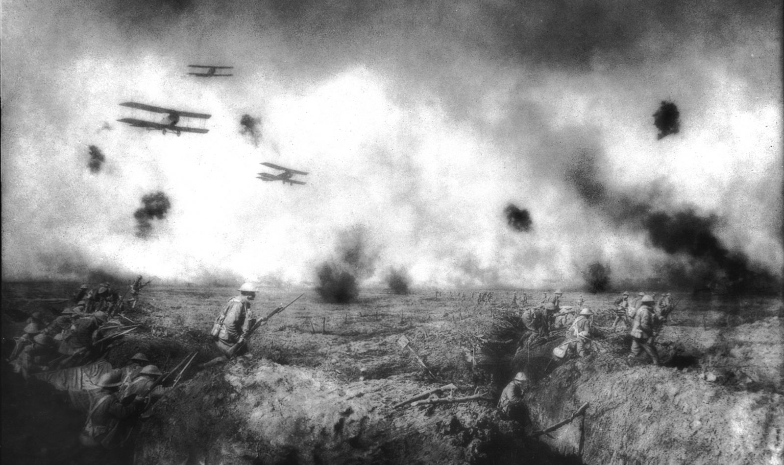 A black and white image of land and air fighting on the Western Front