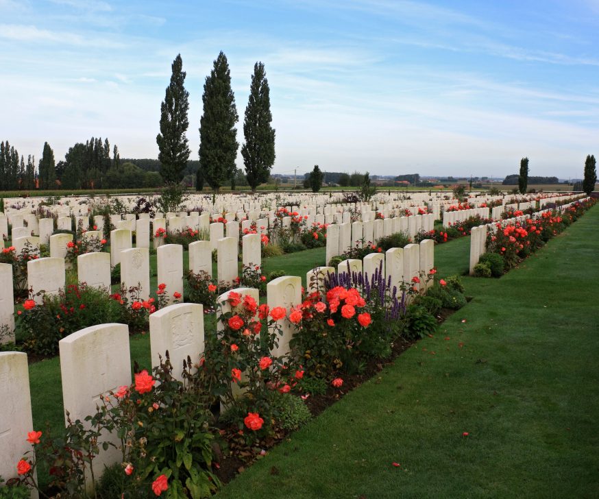 Tyne Cot Commonwealth War Graves Cemetery and Memorial to the Missing for the dead of WW1 in the Ypres Salient in Belgium.