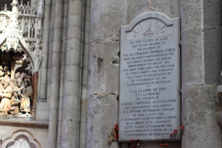 The plaque erected in the cathedral to the memory of members of the AIF, by the grateful people of Amiens.
