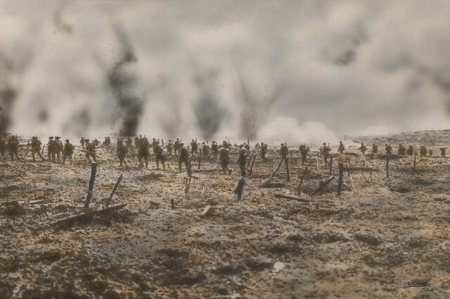 A hand-coloured print of a photograph showing the attack on Polygon Wood by the Australian troops.