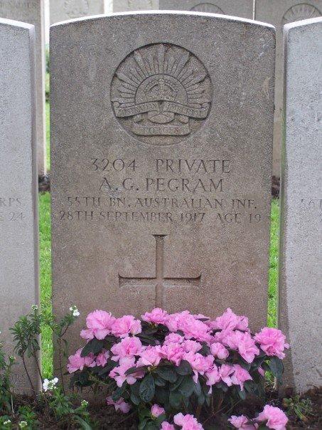Private Albert George Pegram’s grave in Lijssenthoeck Military Cemetery - ©AWM Aaron Pegram