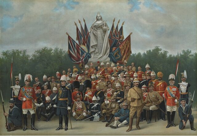 Lithographie représentant des soldats de toutes les colonies de l'Empire britannique. Les soldats sont tous assis et debout devant une statue de la reine Victoria et des drapeaux de l'Empire britannique, vers 1900 - ©AWM ART93109