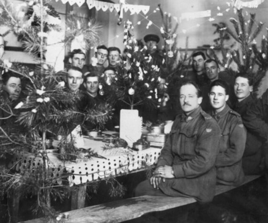 Group portrait of members of the 50th battalion band at Christmas dinner, in Dinant, Belgium on Christmas day 1918
