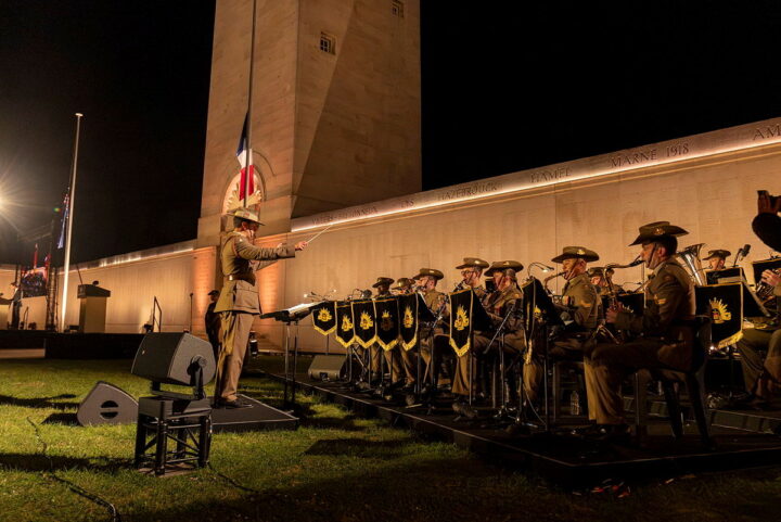 The Australian Army Band performing at the foot of the Australian National Memorial during the Dawn Service.