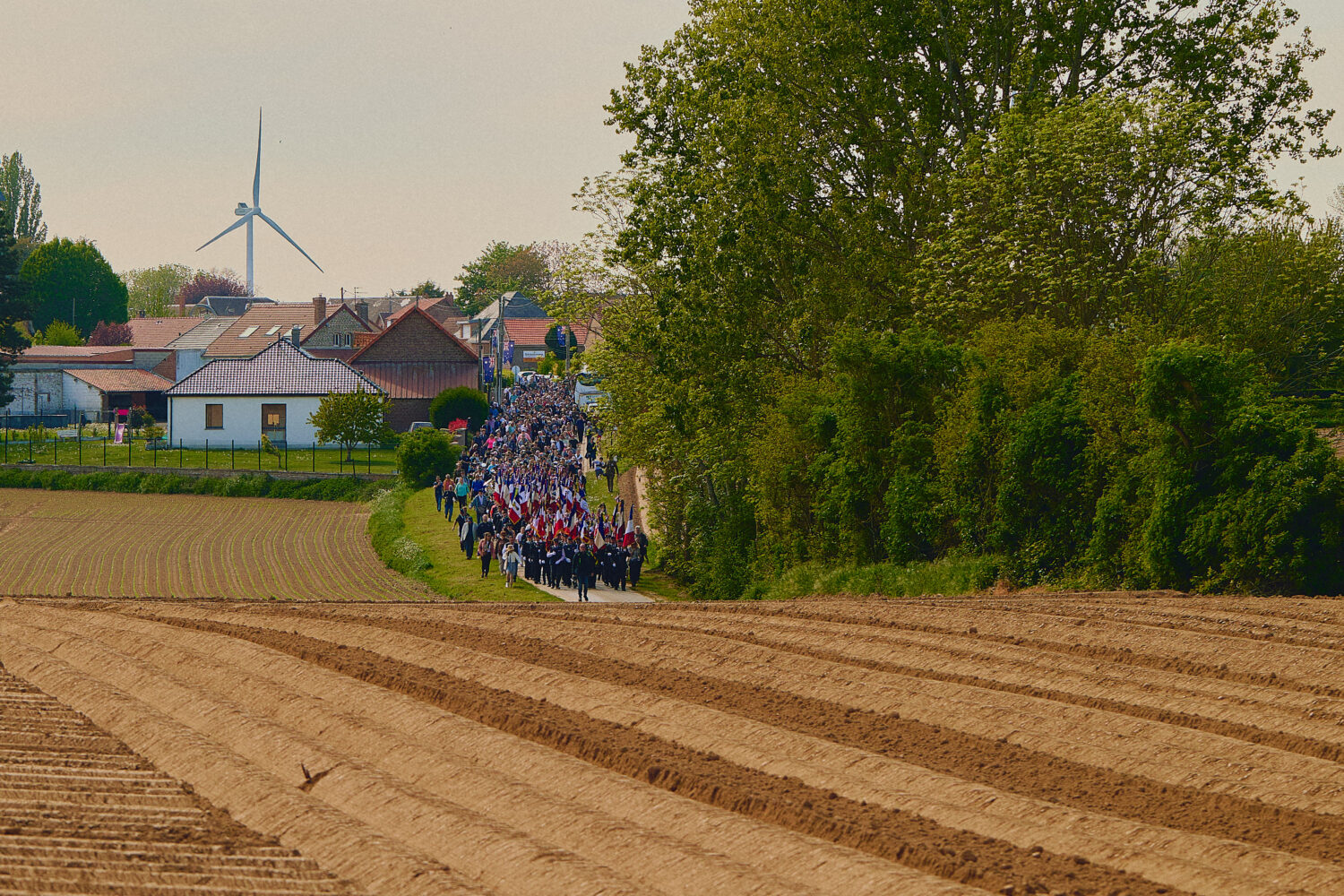 The procession making its way from Bullecourt towards the Digger Memorial.